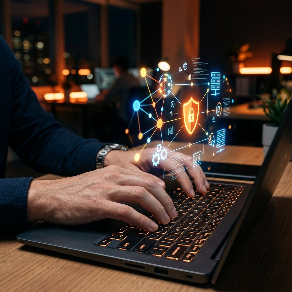 Hands typing on laptop