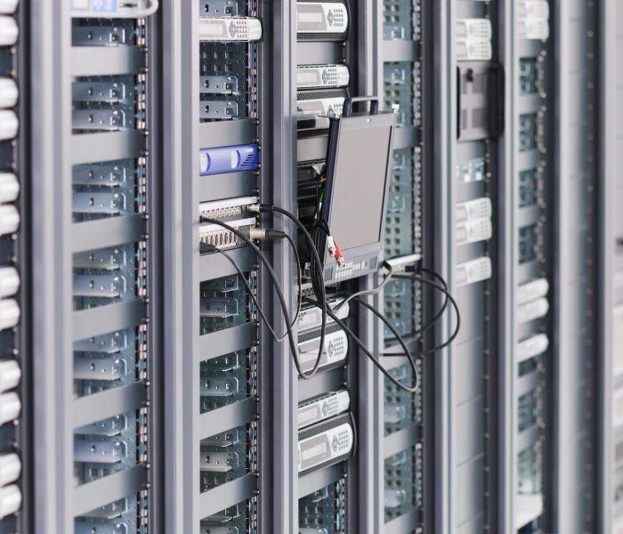 internet network server room with computers racks and digital receiver for digital tv